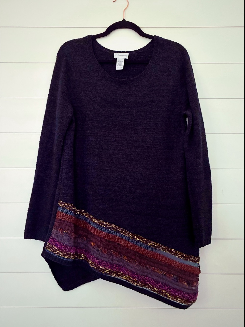 Soft Surroundings Black Asymmetrical Multicolor Hem Wool Blend Sweater